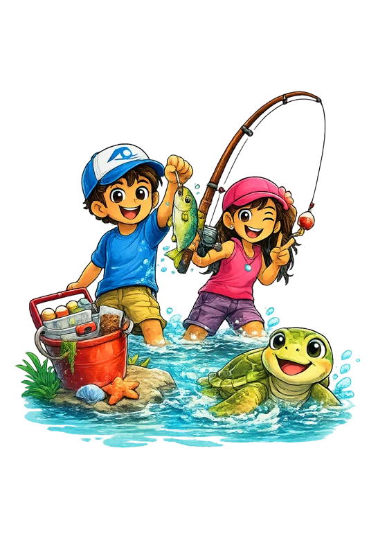 Niños pescando junto a una tortuga